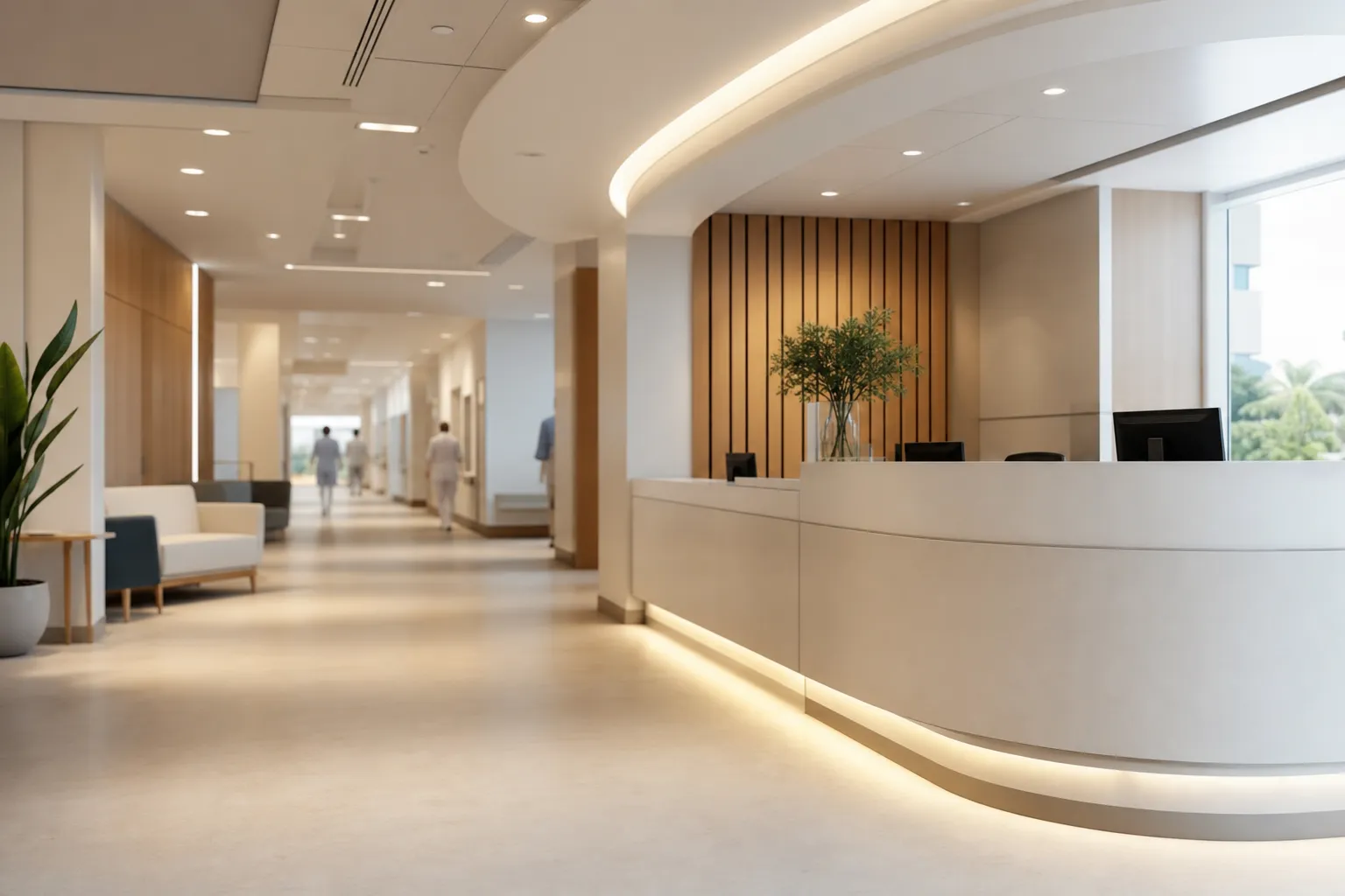 Interior de hospital moderno em Campinas — rede credenciada de planos de saúde Vera Cruz, Santa Tereza, Beneficência Portuguesa e Samaritano