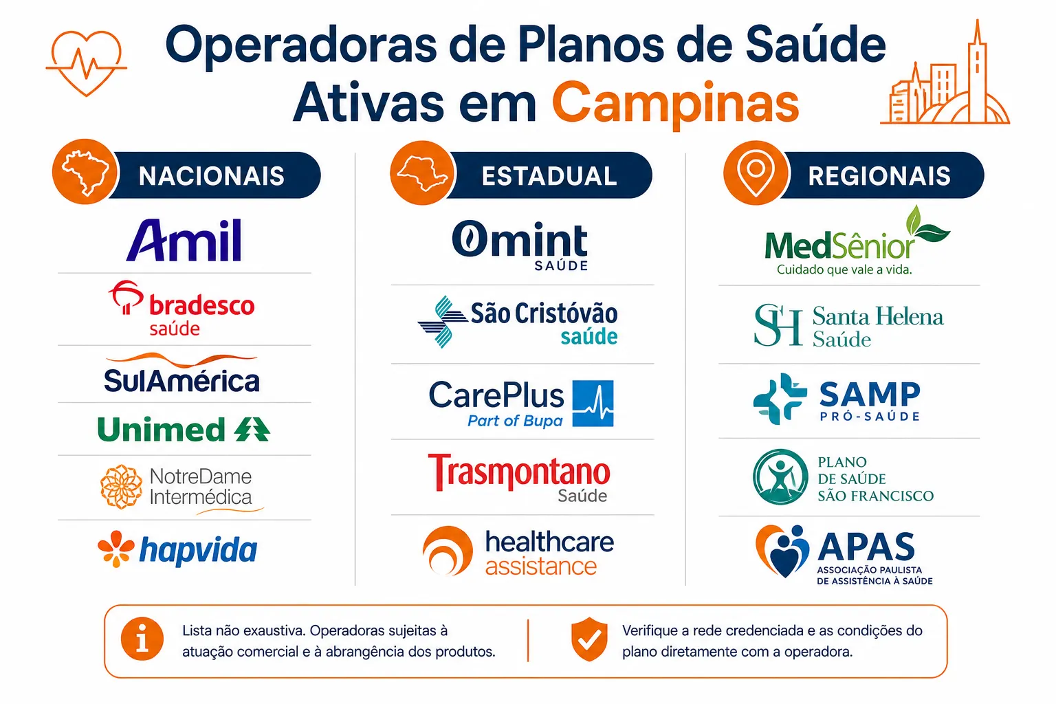 Infográfico: 18 operadoras de planos de saúde em Campinas — 6 nacionais, 1 estadual, 11 regionais
