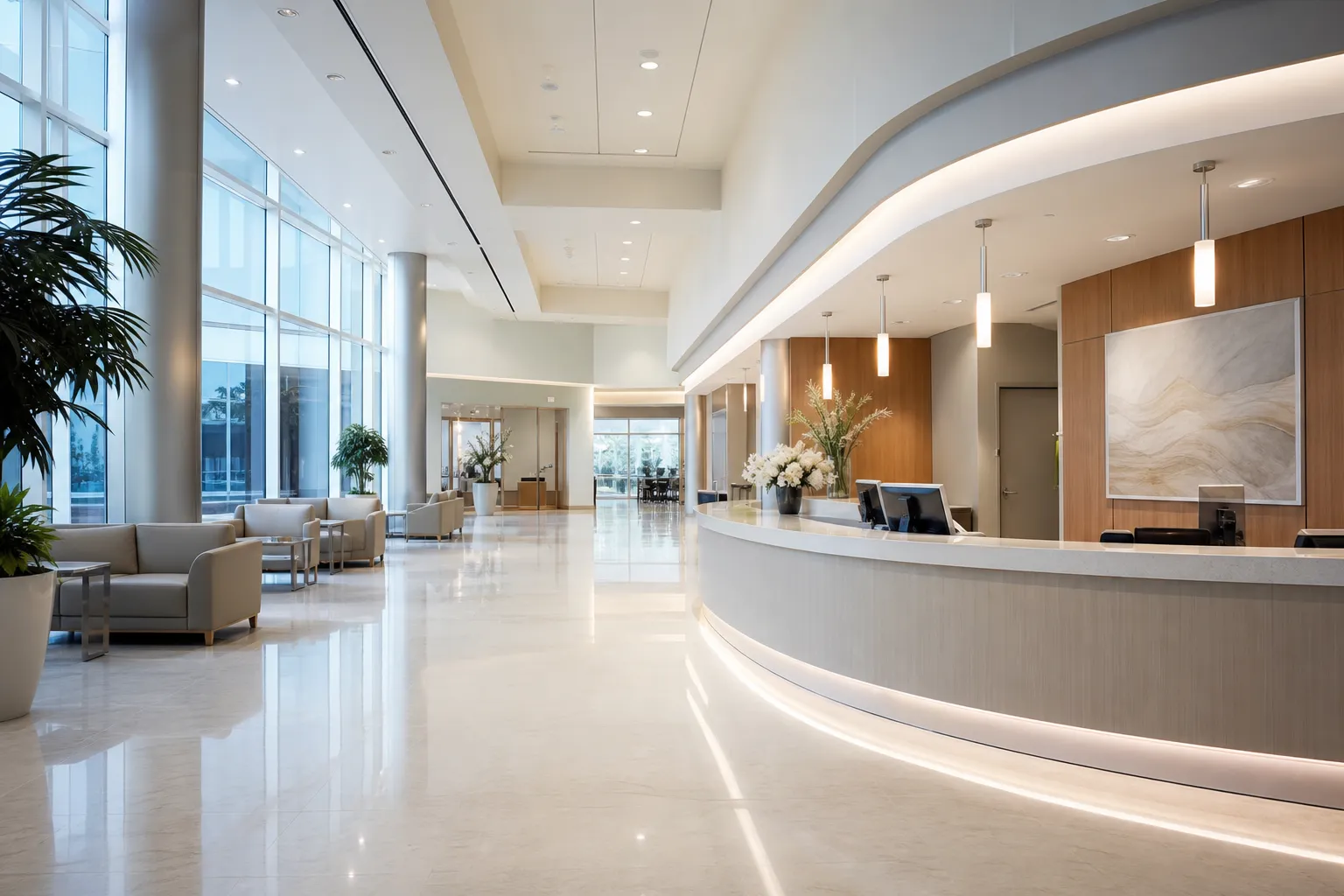 Interior de hospital moderno em Curitiba — rede credenciada de planos de saúde Vera Cruz, Santa Tereza, Beneficência Portuguesa e Samaritano