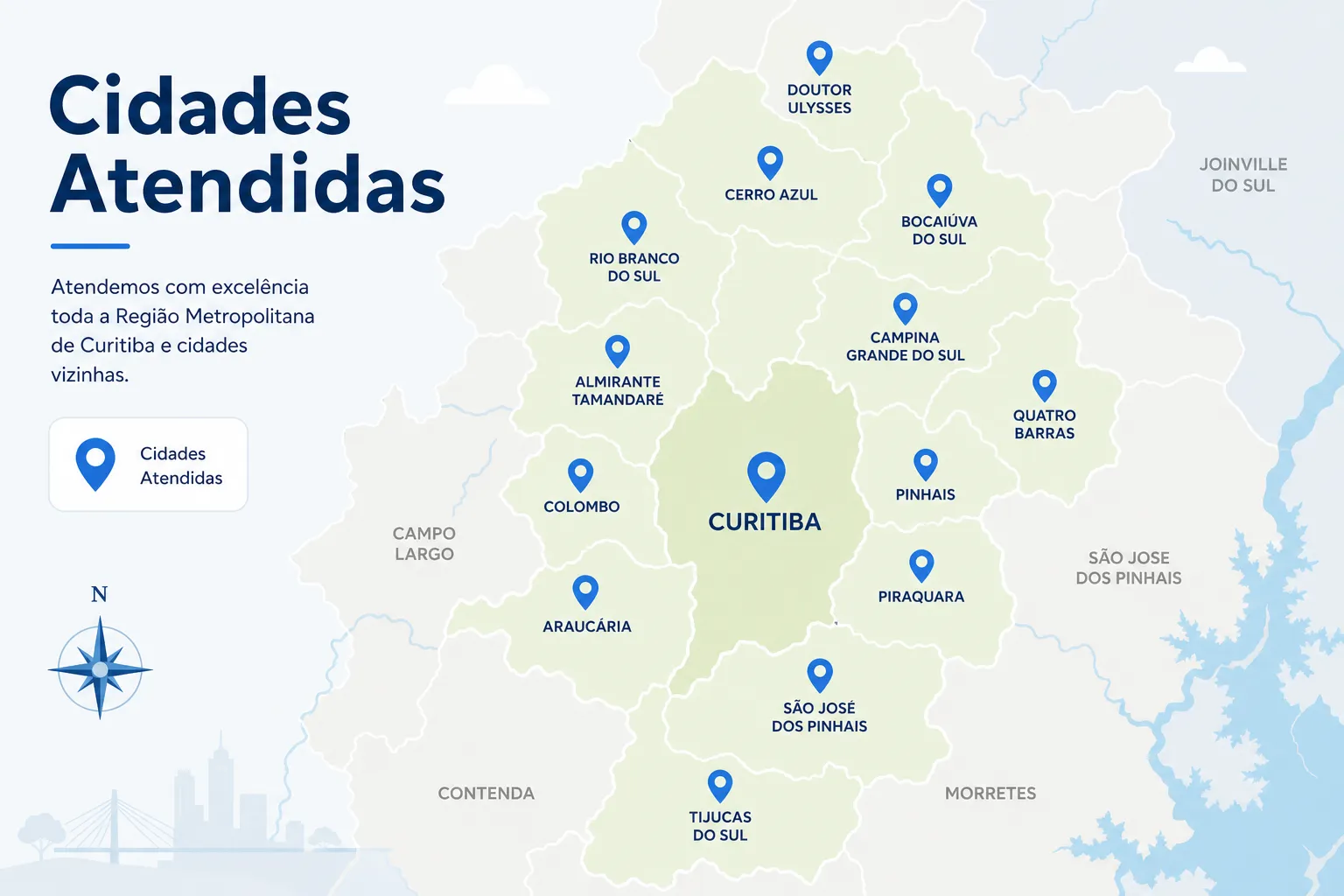 Mapa estilizado da Região Metropolitana de Curitiba com as 10 cidades atendidas pelos planos de saúde