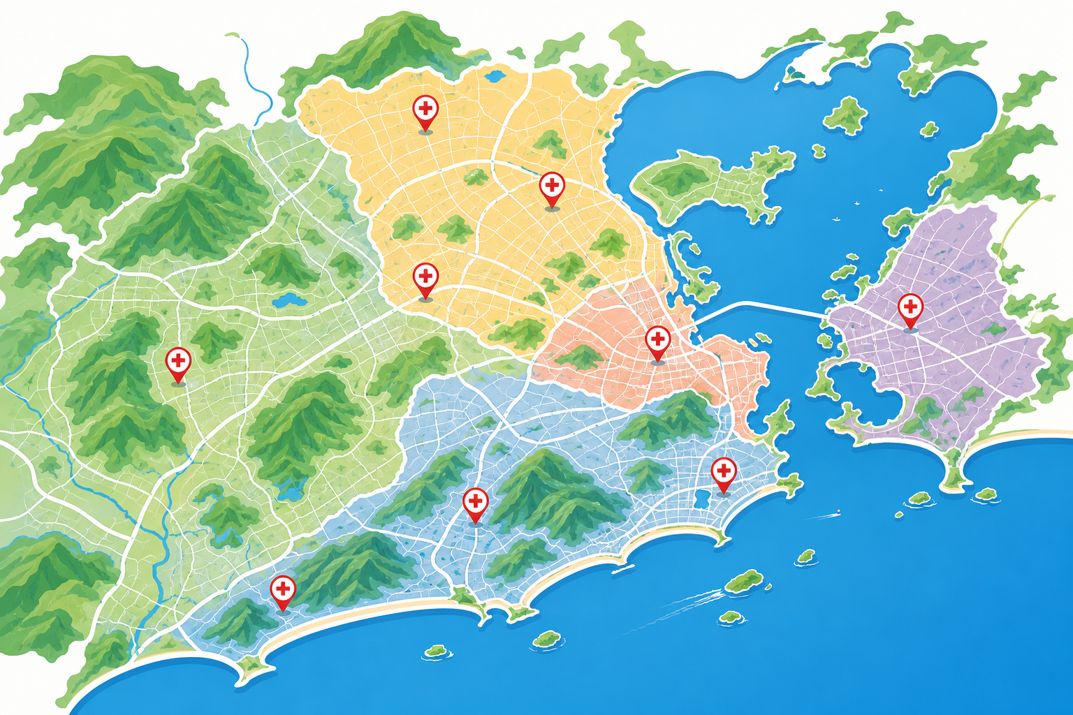 Mapa estilizado do Rio de Janeiro com as principais regiões atendidas pelos planos de saúde