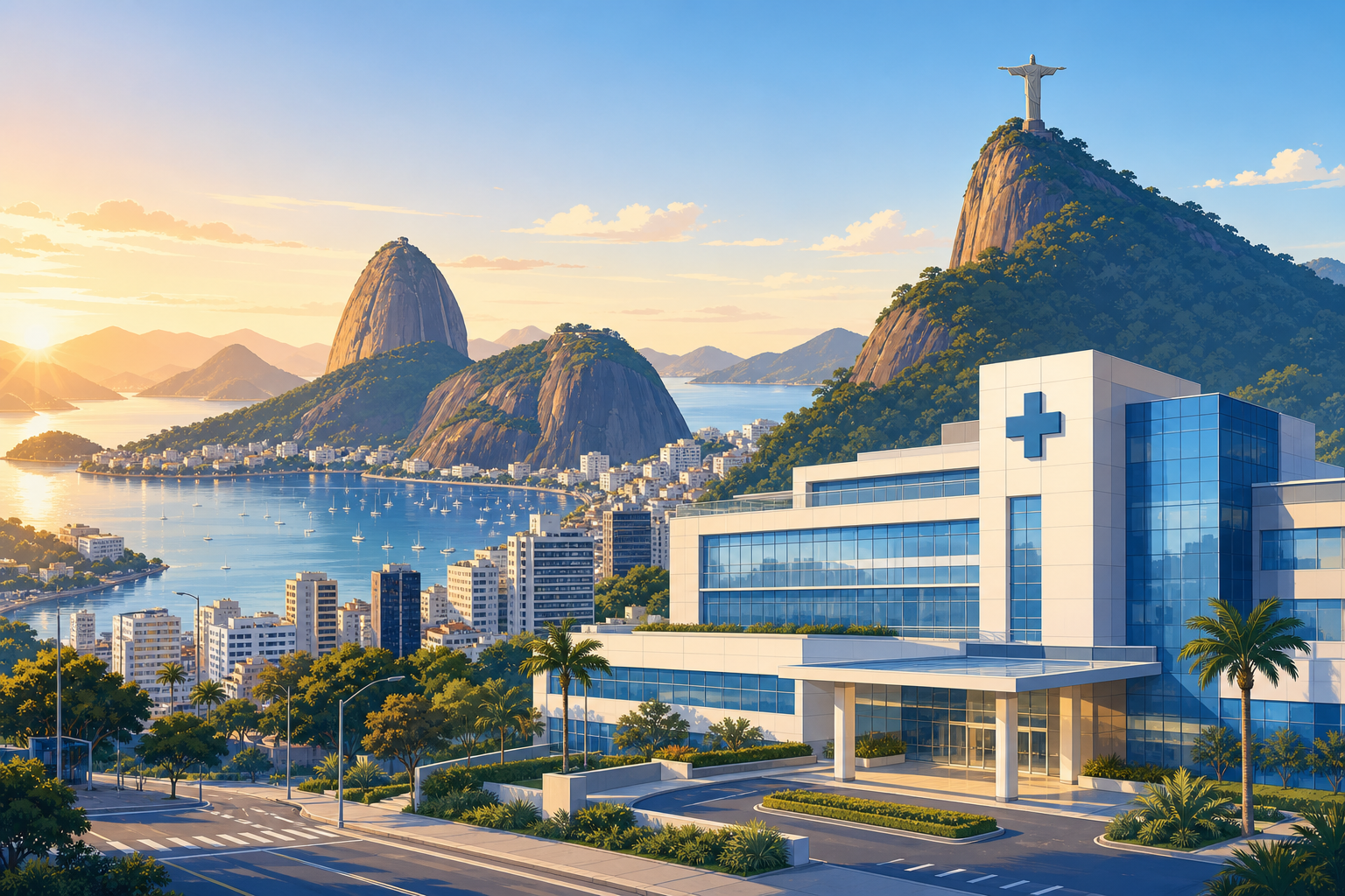 Skyline do Rio de Janeiro RJ com o Cristo Redentor e hospitais — planos de saúde no Rio de Janeiro