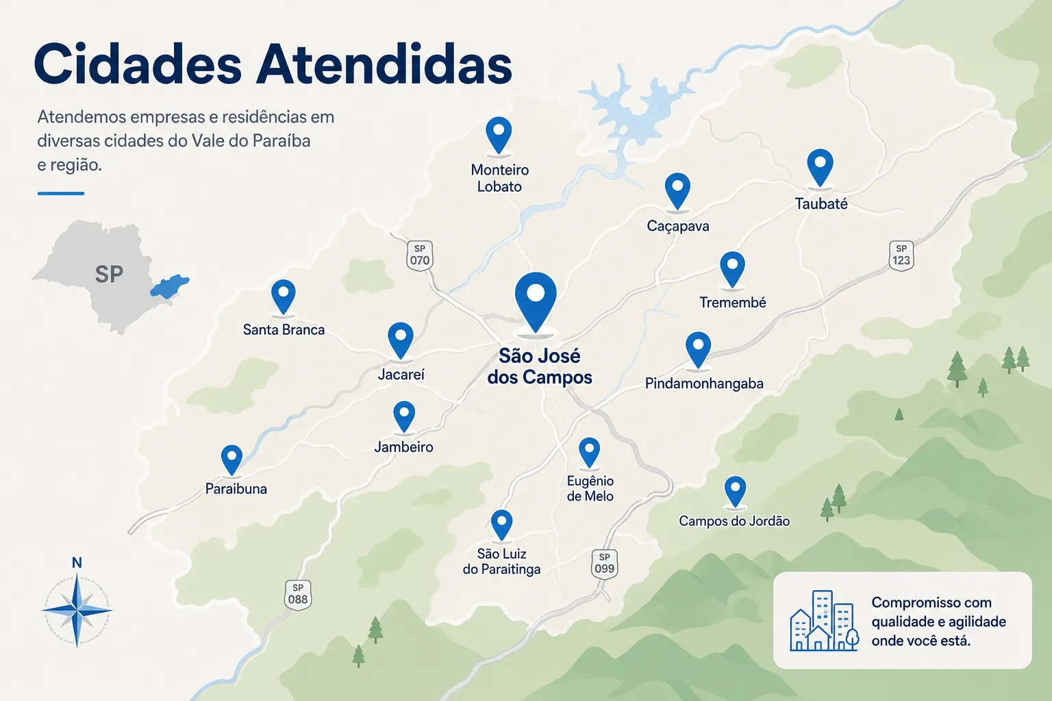 Mapa estilizado do Vale do Paraíba com as 21 cidades atendidas pelos planos de saúde em São José dos Campos