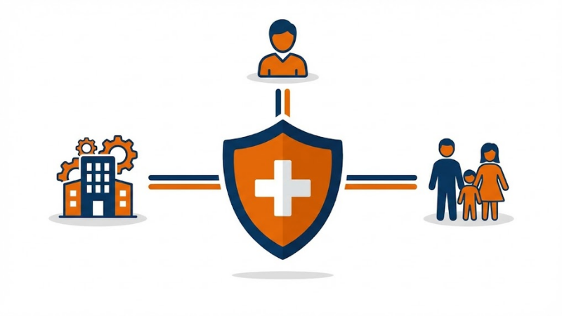 Infográfico sobre tipos de planos de saúde no Brasil — empresarial, individual e familiar