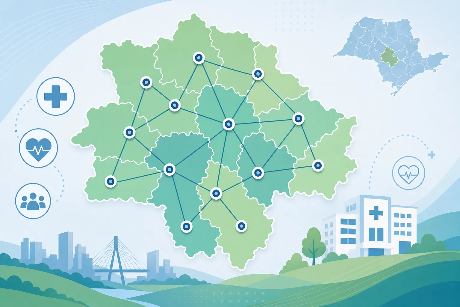 Mapa estilizado da região de Sorocaba com as 14 cidades atendidas pelos planos de saúde