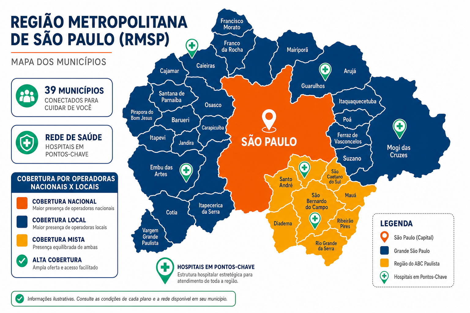 Mapa da Região Metropolitana de São Paulo coberta pelas 40 operadoras de plano de saúde — capital, ABC, Guarulhos e Osasco