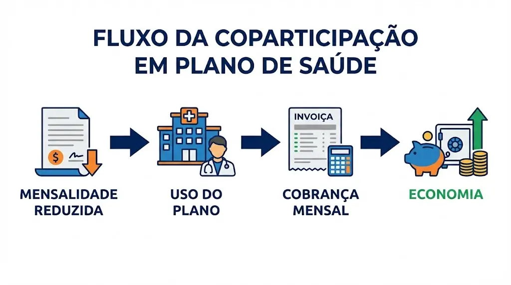 Infográfico mostrando o fluxo de funcionamento da coparticipação em plano de saúde — contratação com mensalidade menor, uso do plano, cobrança por procedimento e economia final