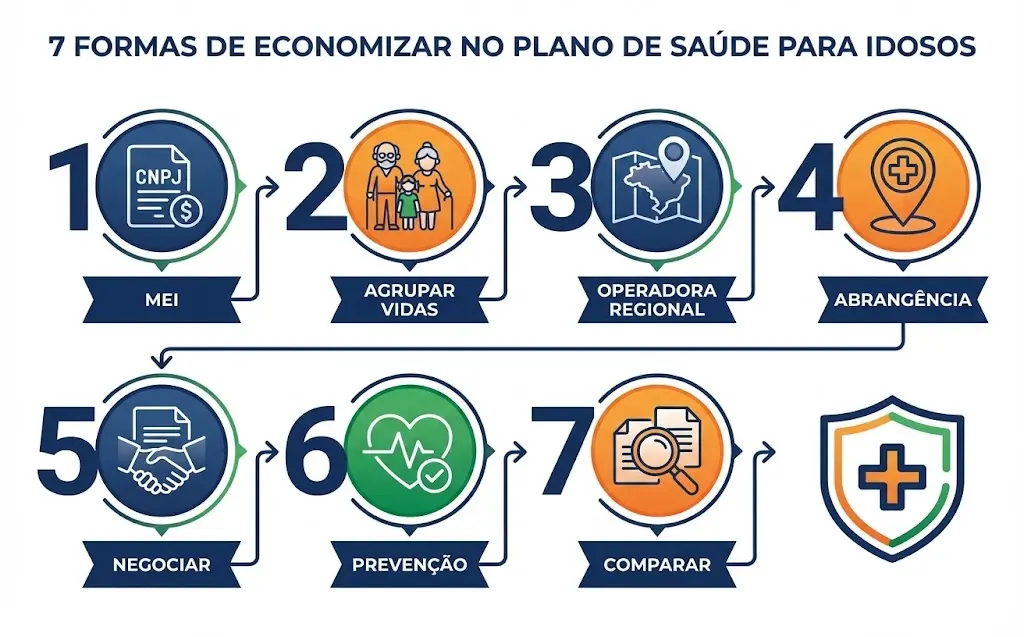Infográfico com 7 formas de economizar no plano de saúde para idosos: MEI, agrupar vidas, operadora regional, abrangência, negociar, prevenção e comparar anualmente