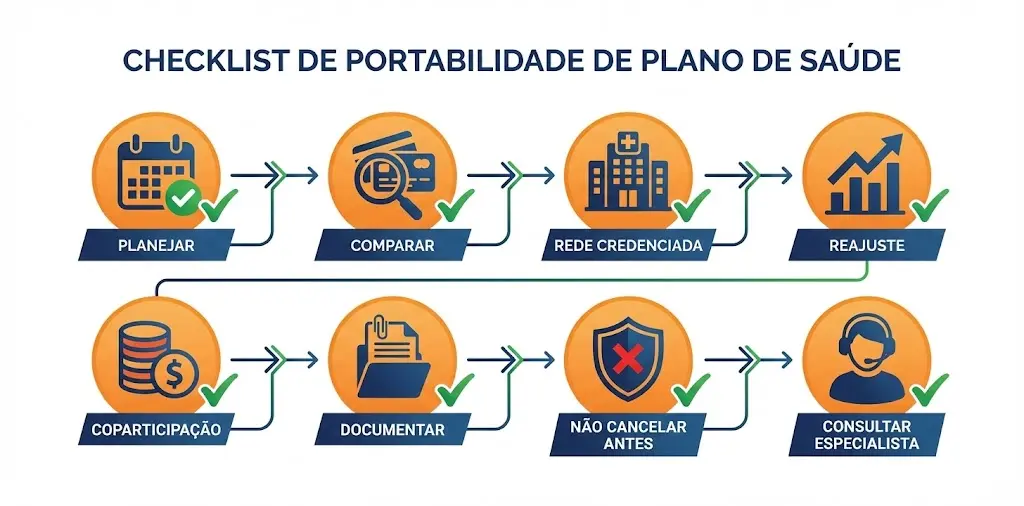 Checklist visual com 8 dicas para uma portabilidade de plano de saúde bem-sucedida: planejar, comparar, verificar rede, analisar reajuste, checar coparticipação, documentar, não cancelar antes e consultar especialista