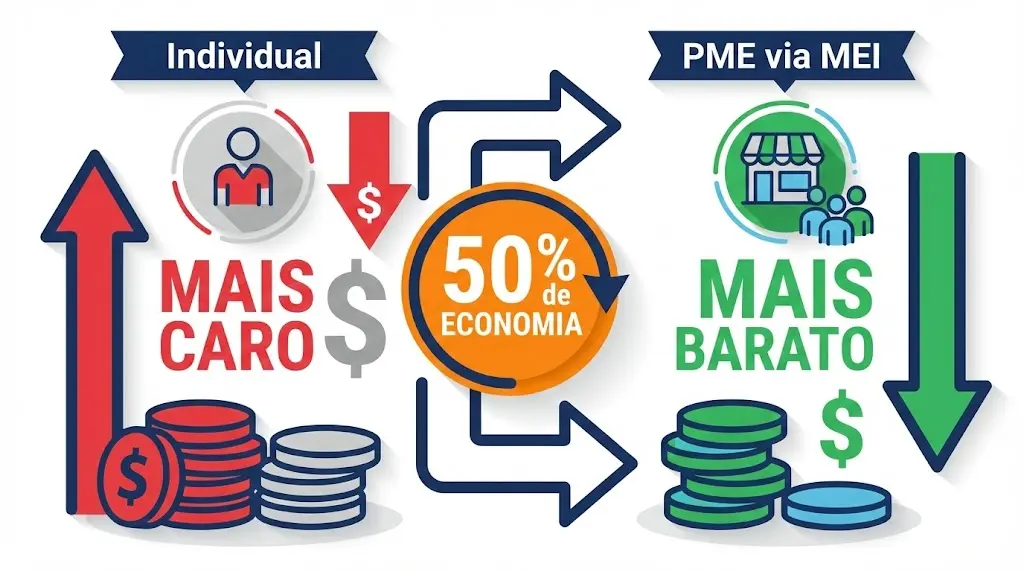 Infográfico comparando economia de plano de saúde empresarial PME via MEI versus plano individual — até 50% de economia anual