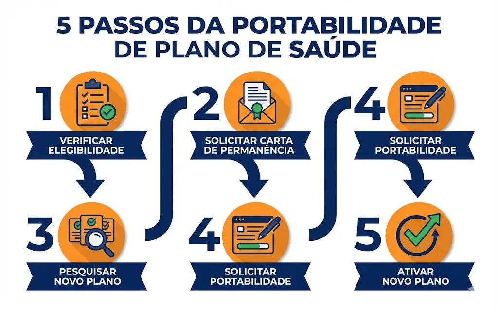 Infográfico com passo a passo da portabilidade de plano de saúde em 5 etapas: verificar elegibilidade, solicitar carta de permanência, pesquisar novo plano, solicitar portabilidade e ativar novo plano
