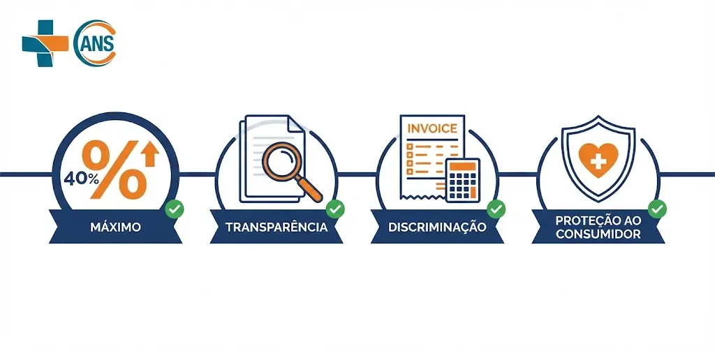 Infográfico com as principais regras da ANS sobre coparticipação — limite de 40%, transparência na cobrança, discriminação em boleto e proteção ao consumidor
