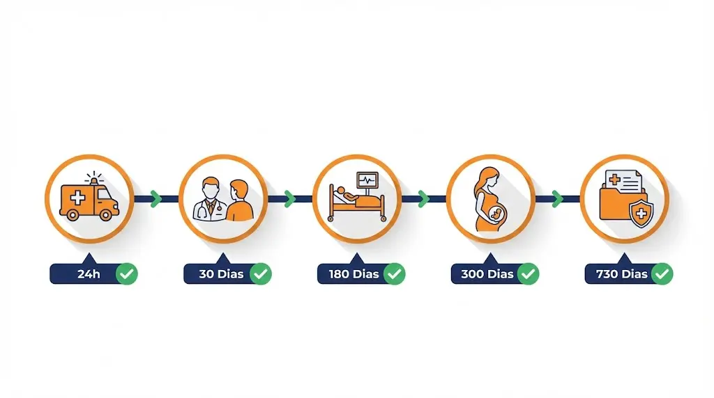 Infográfico comparando prazos de carência da ANS no plano individual versus isenção no plano empresarial com 30+ vidas